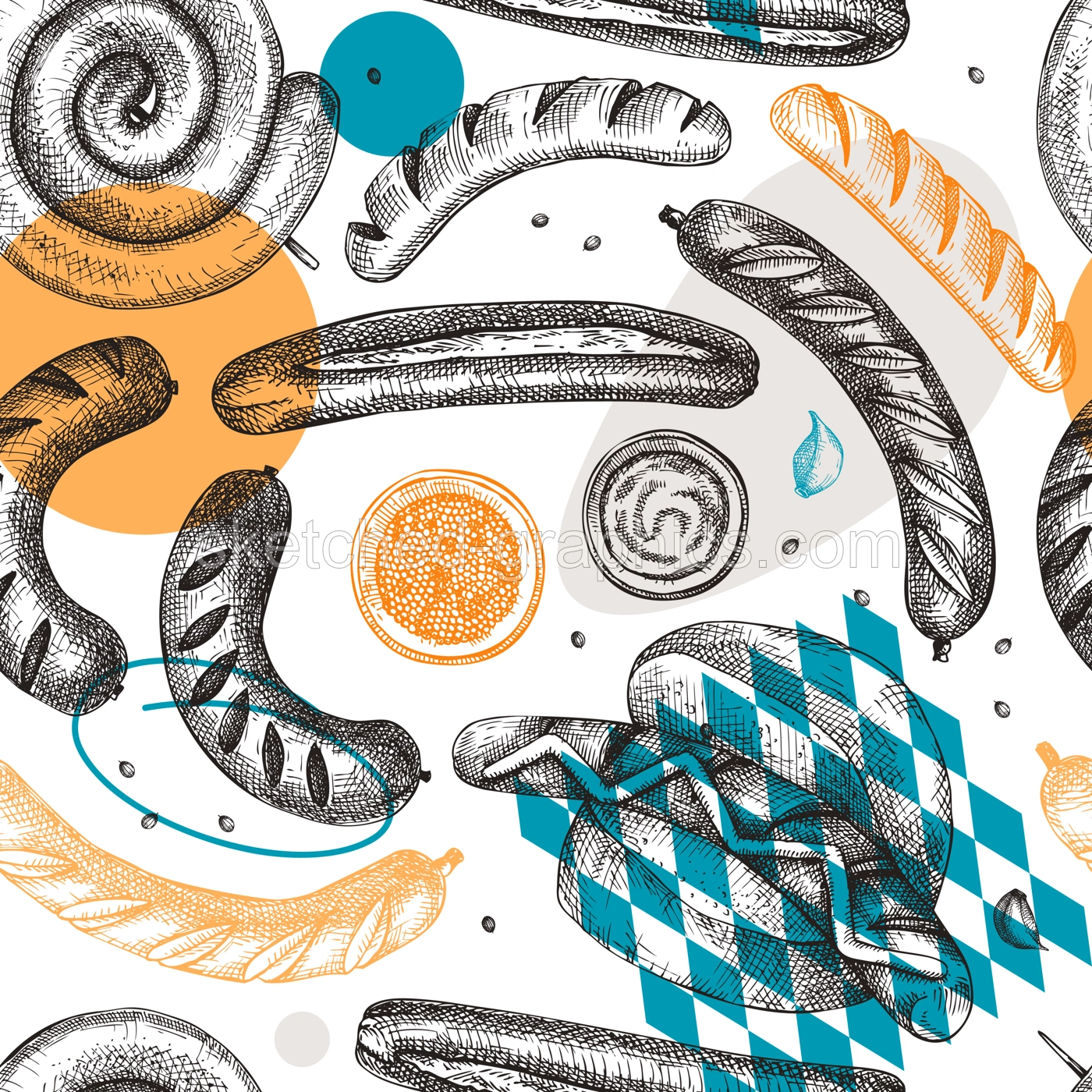 Oktoberfest background in collage style. Grilled sausage backdrop. Hand-drawn fast food illustration. Barbeque party sketched design. German food trendy seamless pattern.  Illustration